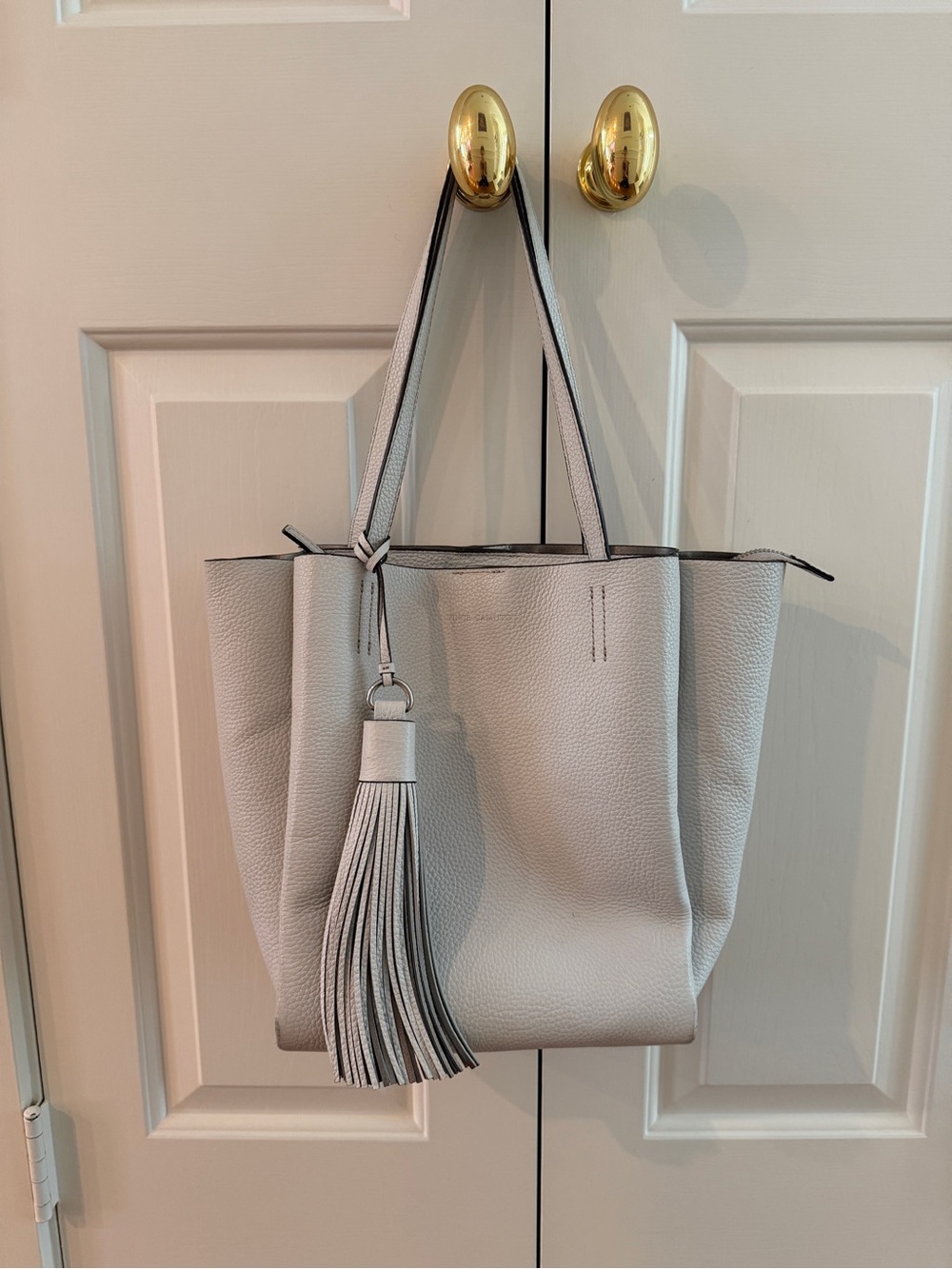 Vince Camuto Pebbled Leather Shoulder Tote in Light Gray with Tassel
